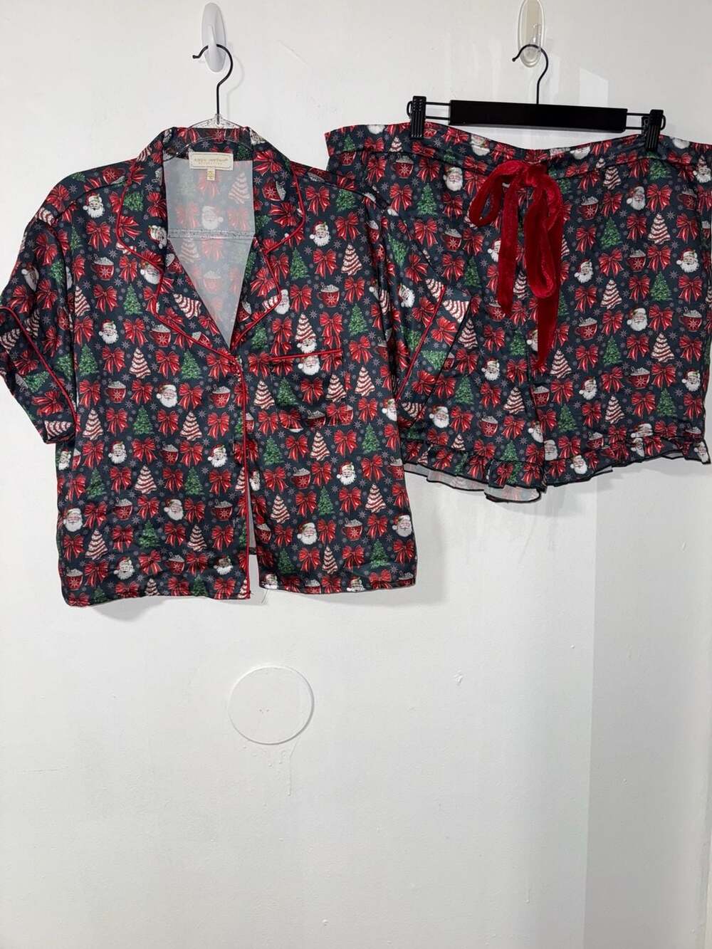 Simply Southern Christmas Santa Trees Bow Short Sleeve Pajama Set 2XL